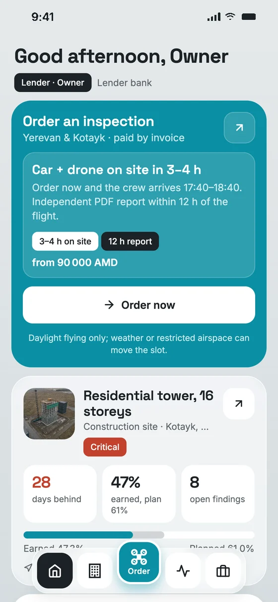 control.io app home screen with the project snapshot and the Order an inspection card
