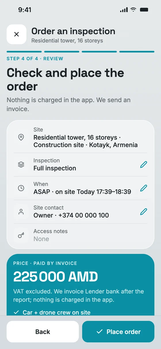 Order review screen with the price, the 3–4 hour arrival window and the 12-hour report promise