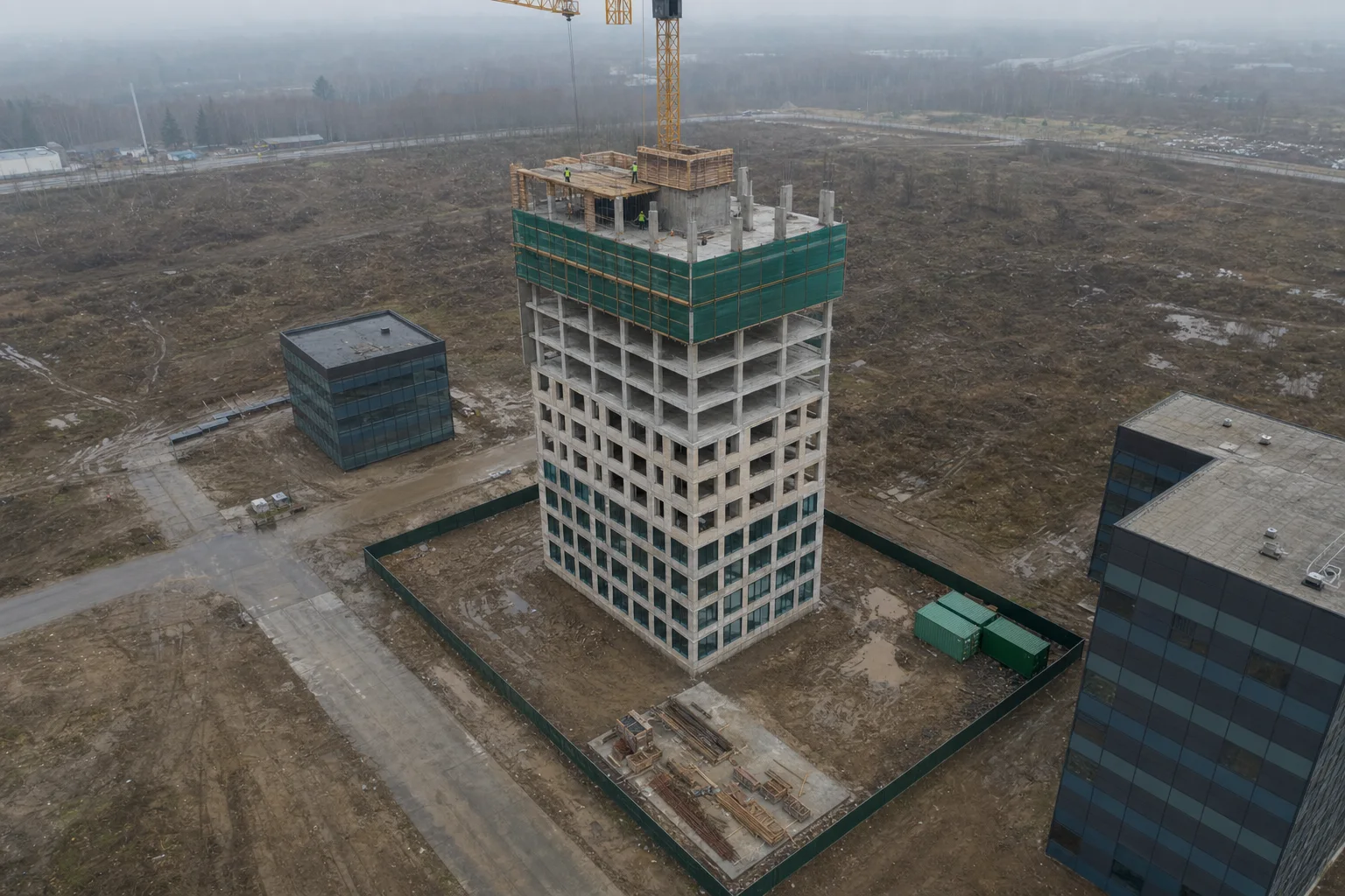 Drone photo of the demo tower in September from the south-east (AI-generated sample image)