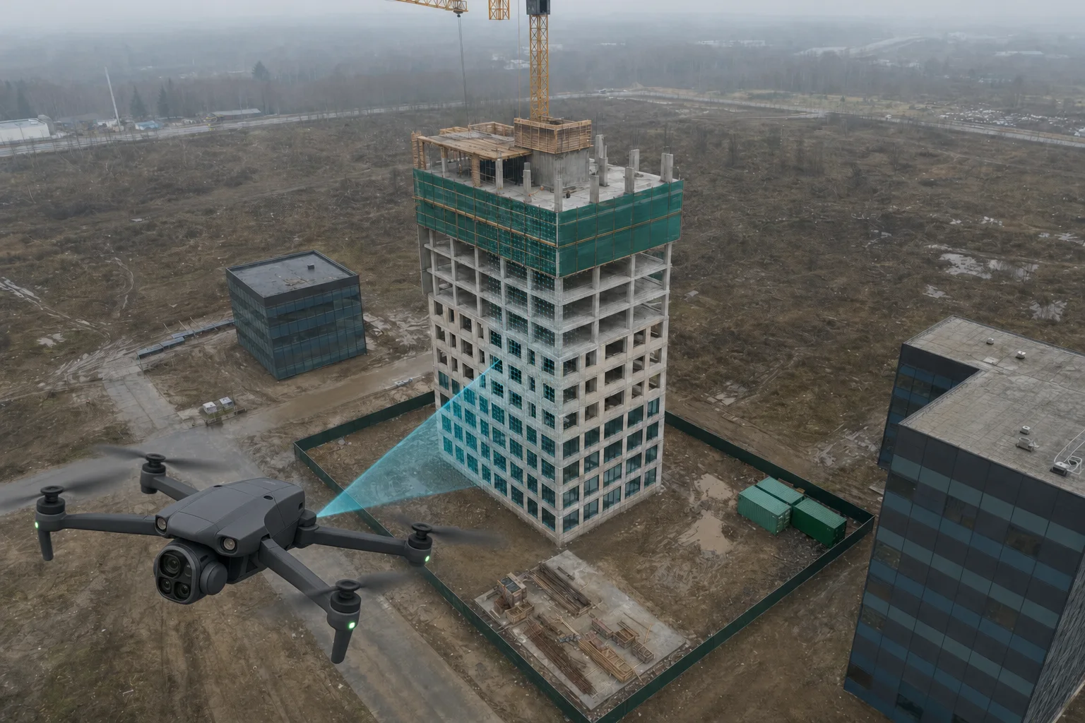 A survey drone scanning the facade of a concrete tower under construction