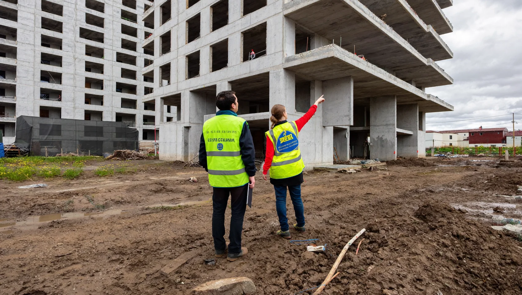 Project manager and engineer checking the upper floors of a tower on site (AI-generated sample image)
