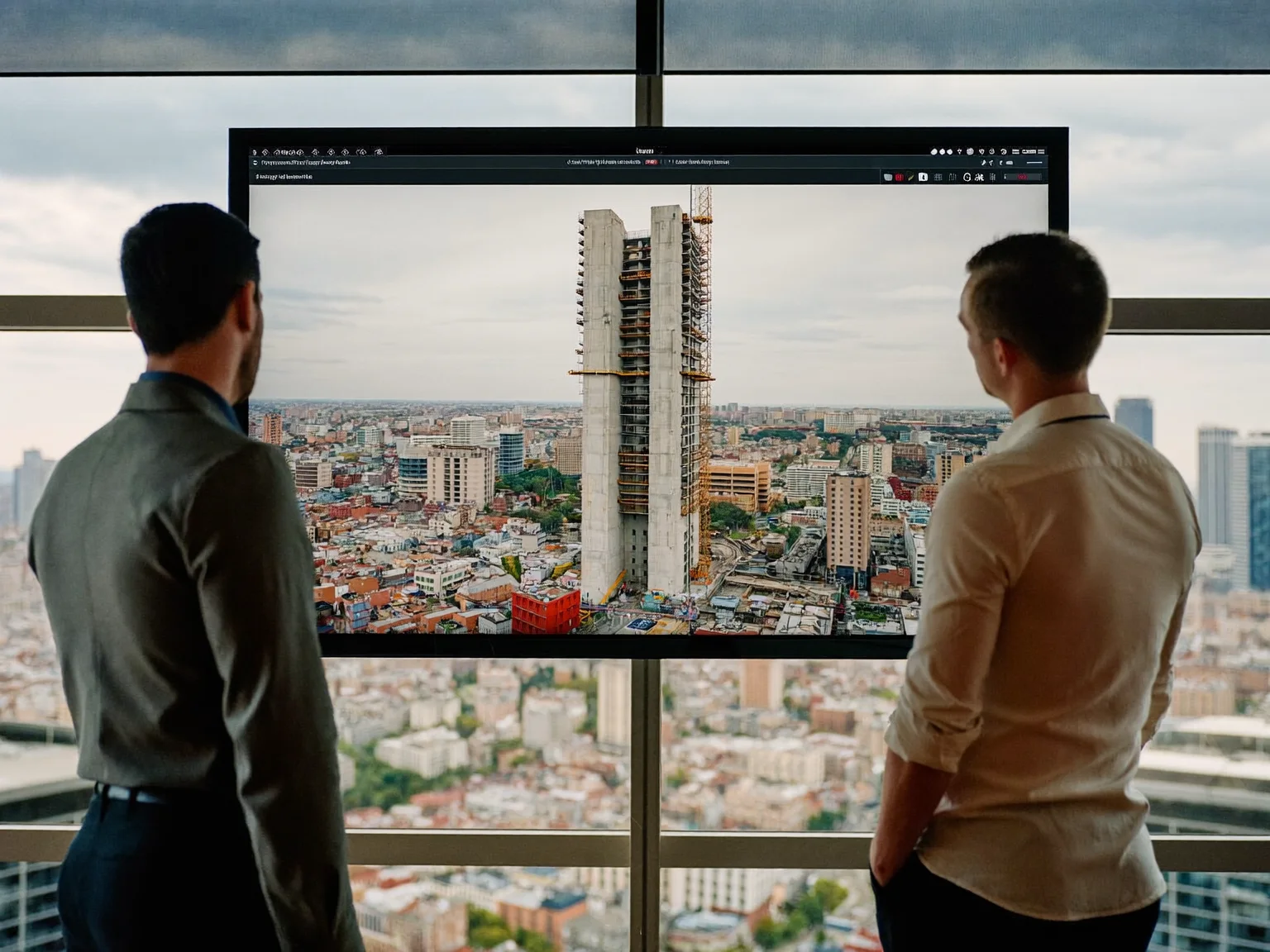 Bank credit officers reviewing an aerial photo of a financed tower under construction (AI-generated sample image)