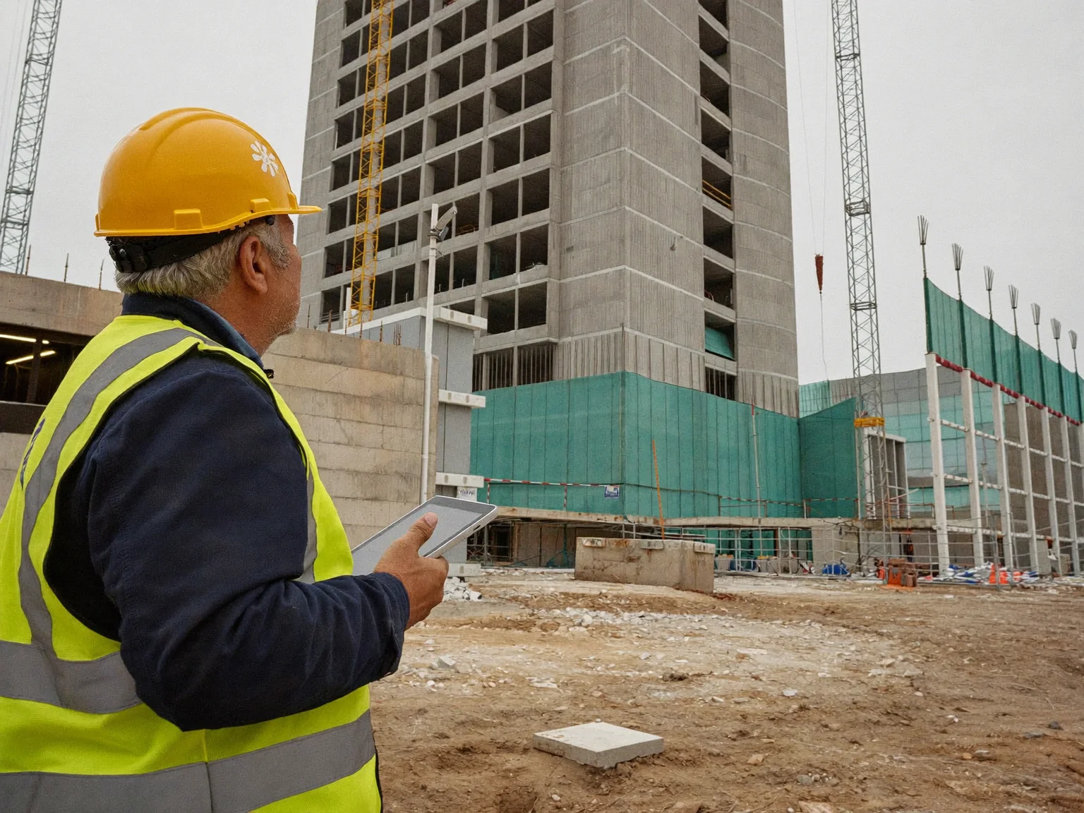 Building inspector with a tablet looking up at a residential tower under construction (AI-generated sample image)