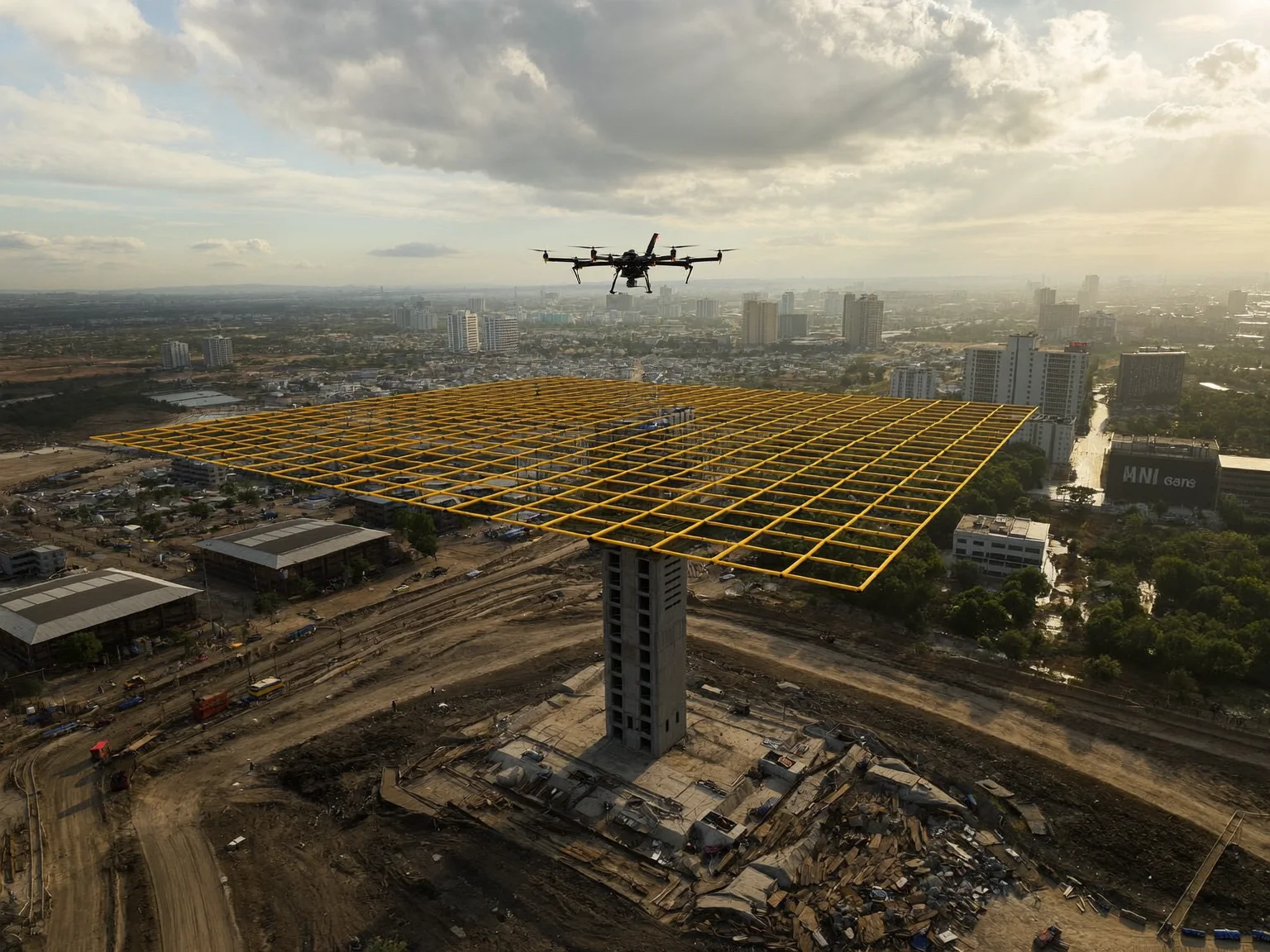Survey drone flying a photogrammetry grid over a construction site (AI-generated sample image)