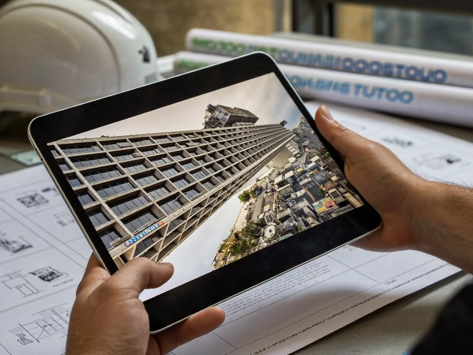 Engineer holding a tablet with an aerial photo of the building next to blueprints (AI-generated sample image)