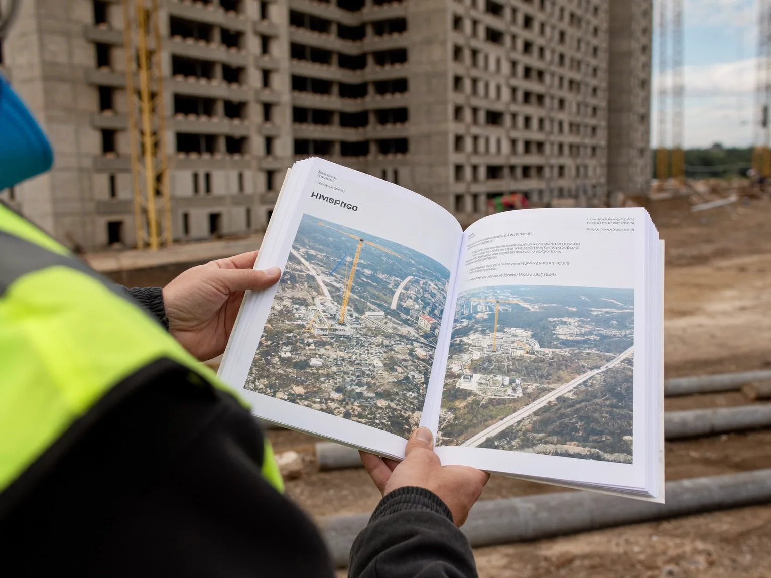 Site manager reading a delay report with aerial evidence photos (AI-generated sample image)